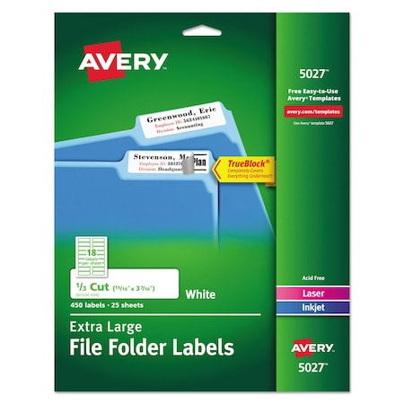 Avery XL TrueBlock File Folder Labels w/Sure Feed, 0.94x3.44, White, PK450 05027